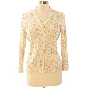 1970s Vintage Ivory Rib Knit Cardigan Multicolor Diamond Pattern S